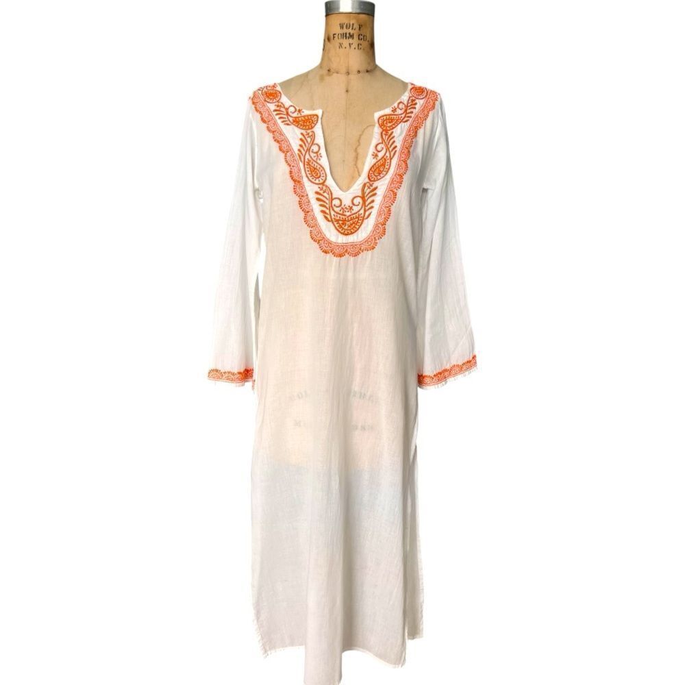 OndadeMar White Cotton Tunic Dress with Orange Embroidery S